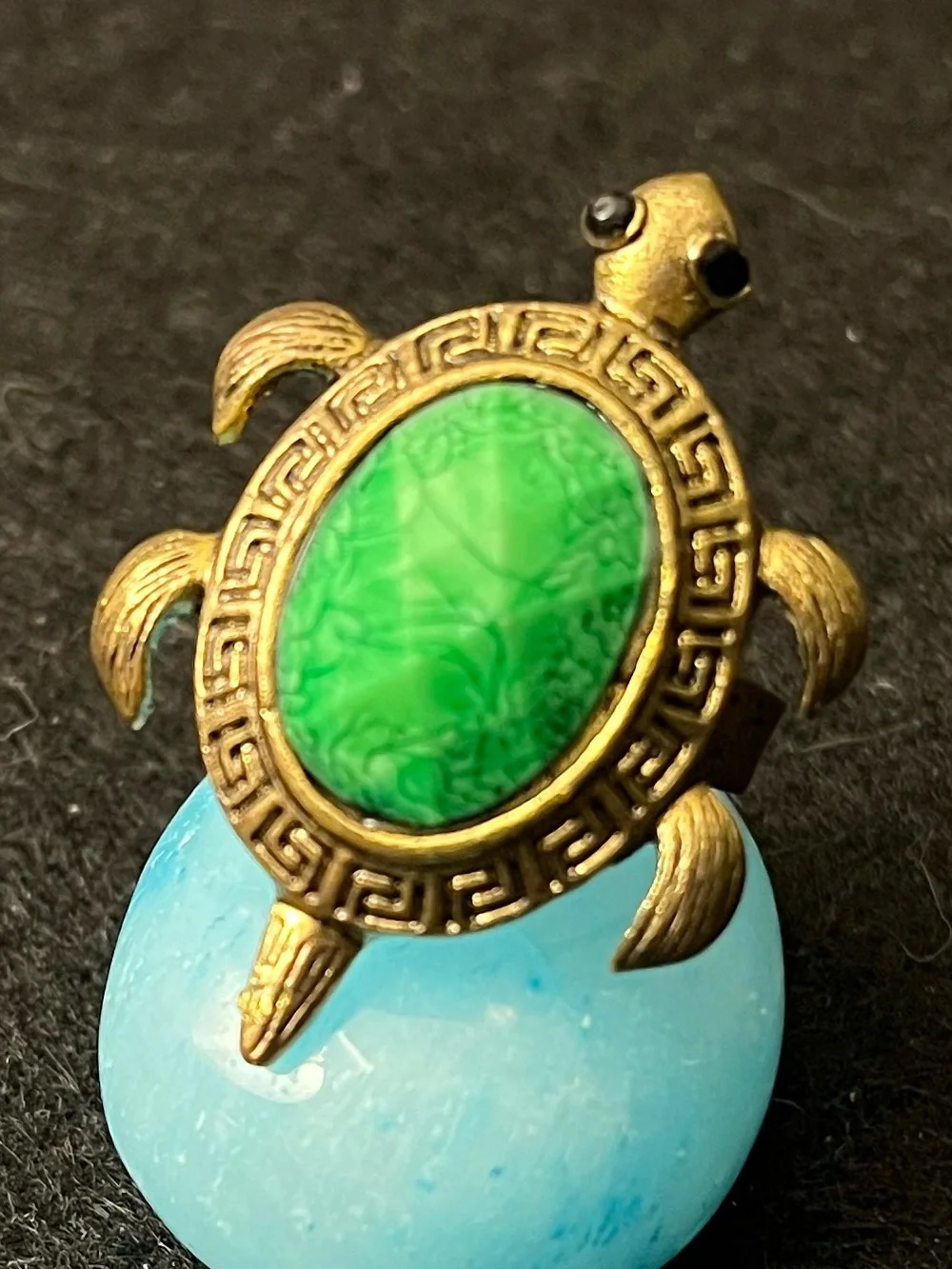 Vintage Turtle Ring with Green Faceted Stone and Antique Gold Finish Adjustable